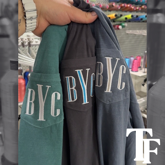 Custom Monogram **Embroidered Pocket Comfort Color Tee** (pocket is stitched close)